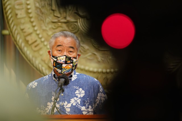 Governor David Ige speaks during a press conference on Covid-19 at the Captiol.