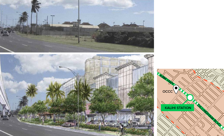 Artist rendering shows the area with new buildings and improved sidewalks and bike lanes