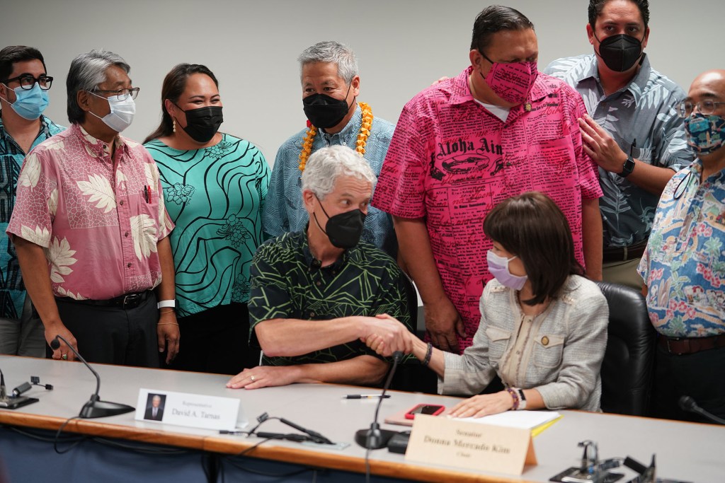 Senator Donna Mercado Kim and left, Representative David Tarnas during a photo op after the conference committee vote on the stewardship of Mauna Kea.