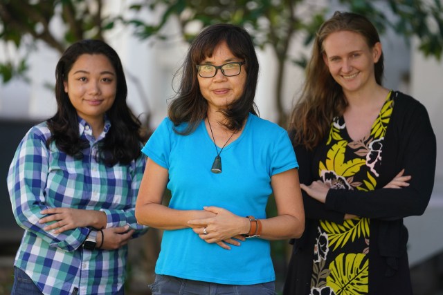 Center, Thao Le with team members, left Mayuho Kunogi and right, Emma Brown at UH Manoa.
