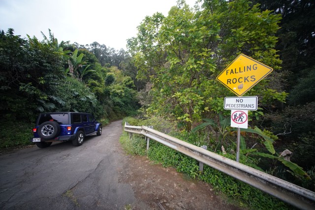 Waipio Valley road closed with a 'No Pedestrians' sign.