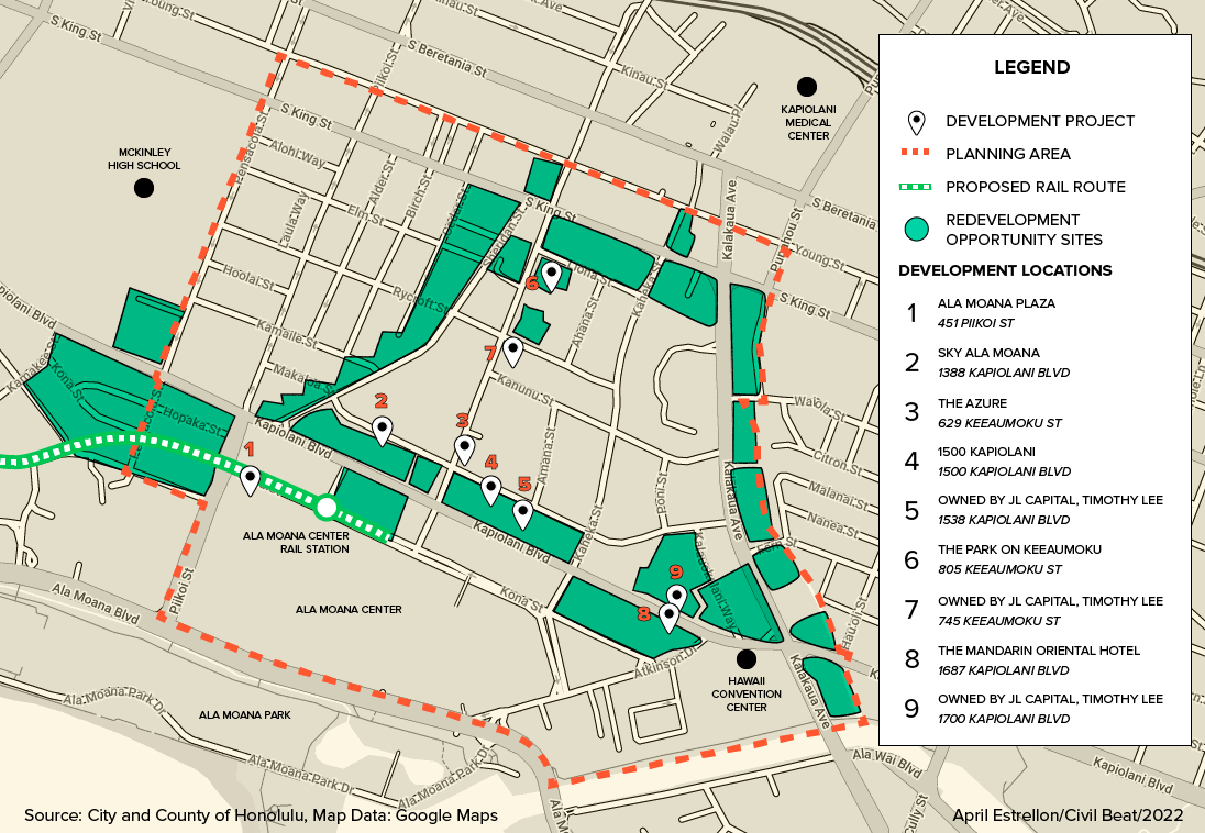 Map of the Ala Moana TOD zone and the areas designated as opportunities for redevelopment.