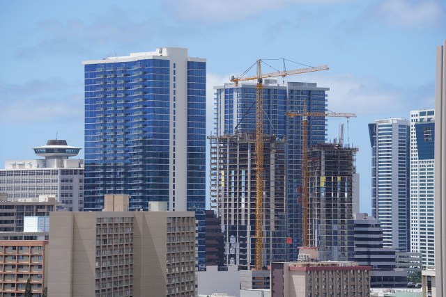 Condominium construction cranes near the Ala Moana area.