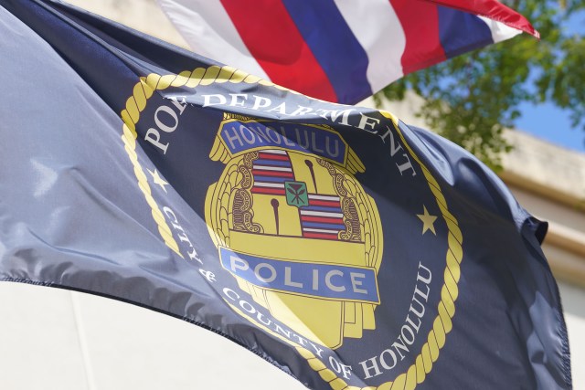 A Honolulu Police Department flag flies fronting the main station.