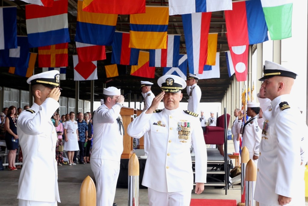 190626-N-EV910-009 PEARL HARBOR (June 26, 2019)  (U.S. Navy photo by Shannon R. Haney/Released) Capt. Trent Kalp is piped ashore after Naval Supply Systems Command (NAVSUP) FLC Pearl Harbor’s change of command ceremony. Capt. Trent Kalp assumed command from Capt. Eric Morgan as commanding officer of NAVSUP FLC Pearl Harbor. (U.S. Navy photo by Shannon R. Haney/Released)