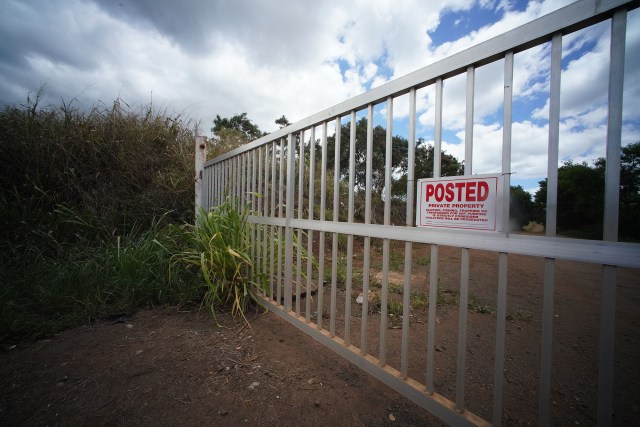 Gate with posted private property sign near 94-405 Kunia Road. Editor's note. Lot 19 was not visible from Kunia Road.