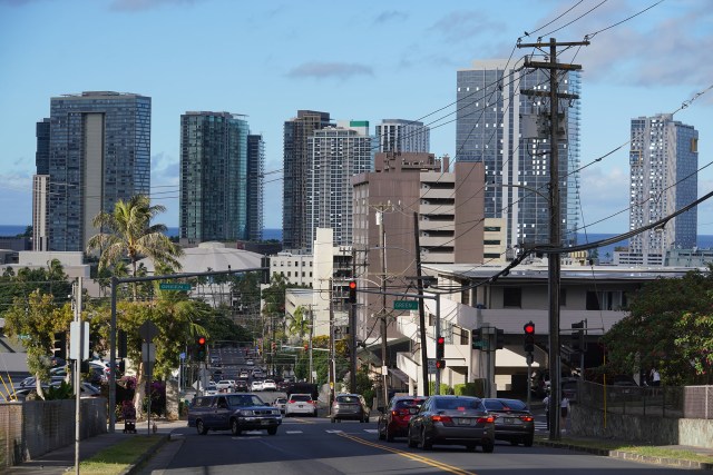 Kakaako condominiums skyline with foreground a view looking makai of Ward Avenue.