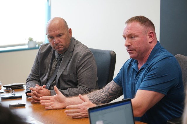 Left, SHOPO President Robert Cavaco and right, SHOPO Vice president Stephen Keith speak with Civil Beat reporters in our conference room.