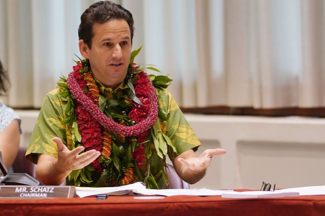 Senator Brian Schatz gestures during a field hearing held at the East West Center Auditorium.
