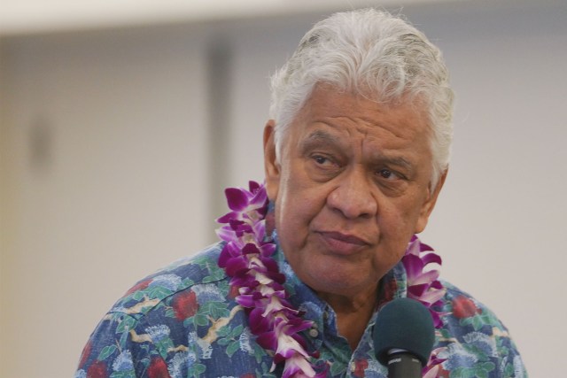 Hawaii Tourism Authority CEO John De Fries speaks during the arrival of ANA's A380 aircraft at Daniel K. Inouye International Airport.