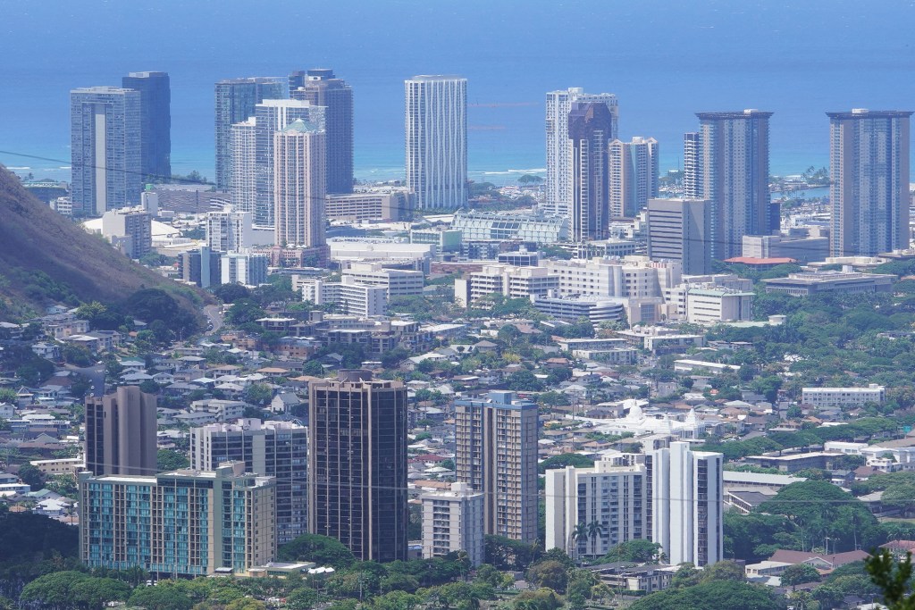 Top, Kakaako skyline with foreground Nuuanu condominiums.