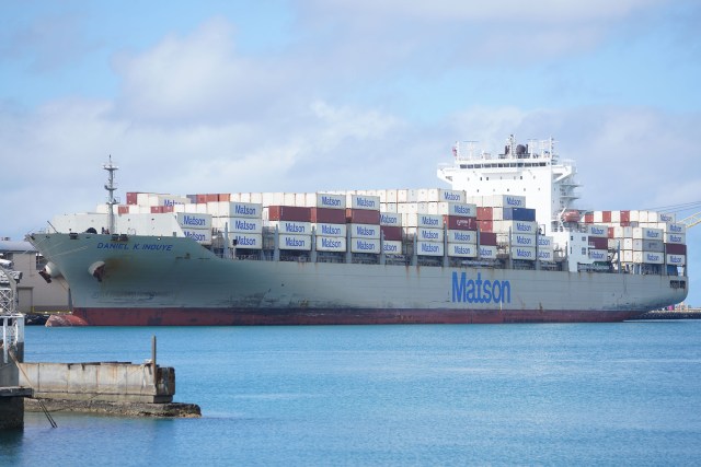 Matson container ship Daniel K Inouye docked at Honolulu harbor.