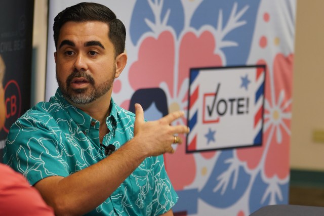 Patrick Branco candidate for CD--2 speaks to Chad Blair at Chaminade University.