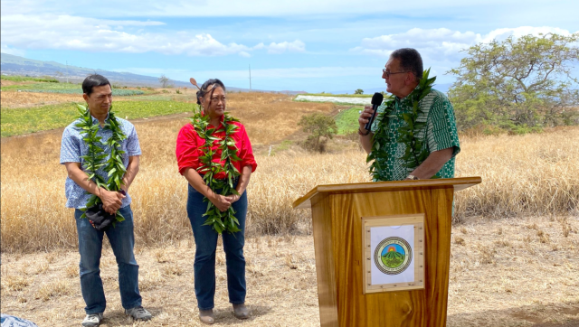 County of Maui Department of Agriculture deputy director Weston Yap, director Rogerene "Kali" Arce and Mayor Michael Victorino at the appointment ceremony on Wednesday. Kula Agricutulral park