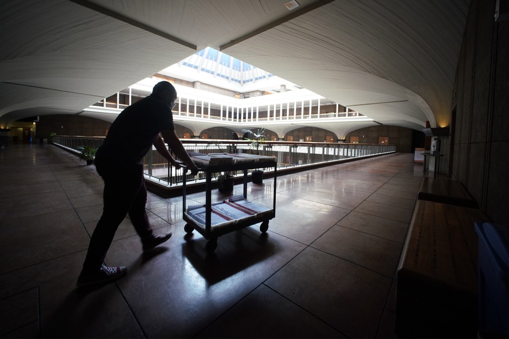 2022 primary election ballots arrive on the 3rd floor of the Capitol for sorting.
