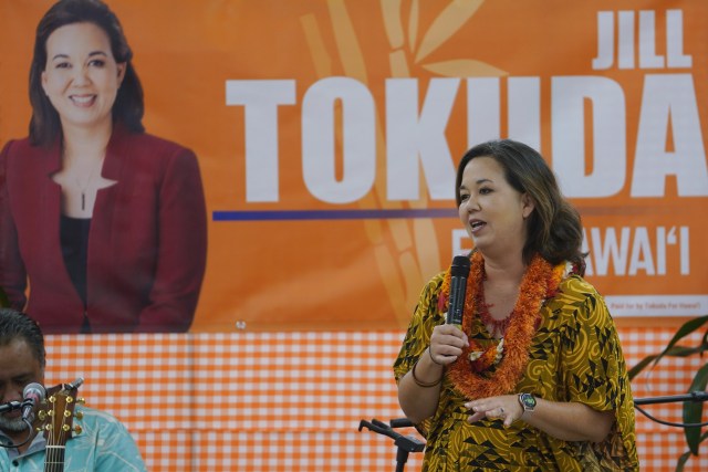 CD2 candidate Jill Tokuda speaks to supporters at the Castle High School cafeteria.