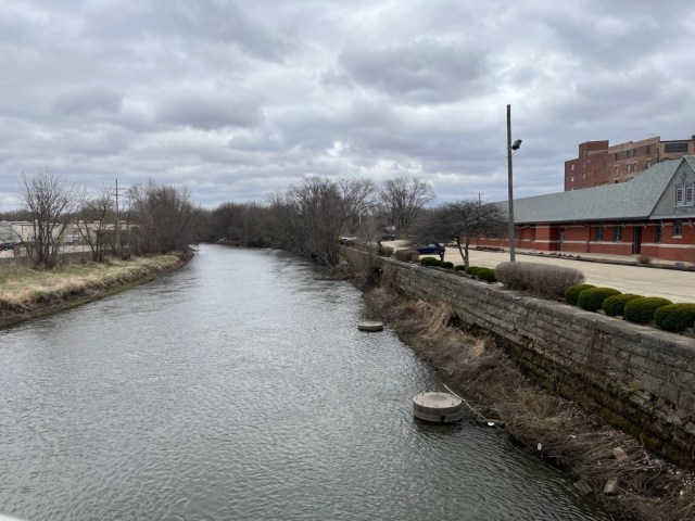 The Pecatonica River separates the east and west sides of Freeport, Illinois. The east side, pictured to the left, is lower and flood-prone. 