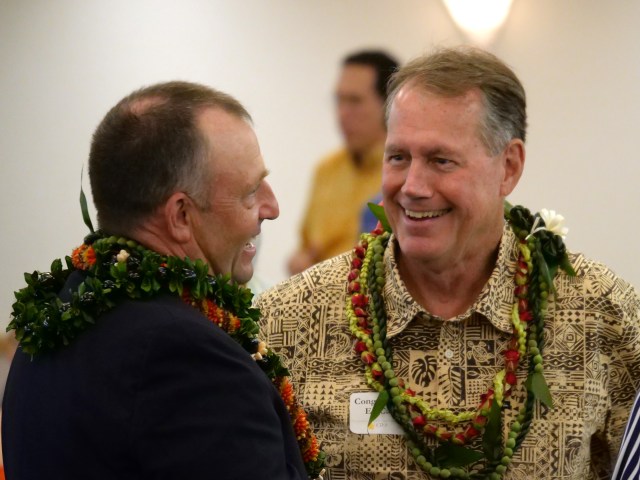 Lt Governor Josh Green and Congressman Ed case talking to eachother at the Democratic Party of Hawaii Unity Breakfast on Sunday August 14th, 2022. CivilBeat Photos Ronen Zilberman.