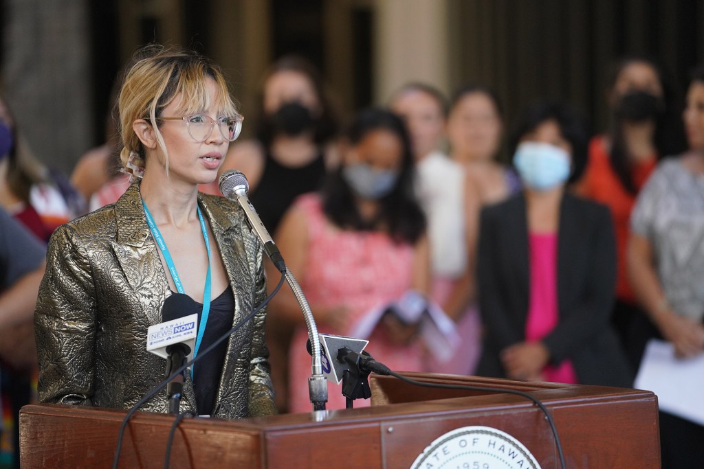 Khara Jabola-Carolus Exec Director Hawaii State Commission on the Status of Women speaks during a press conference called by the Hawaii Abortion Collective to announce The Official Hawaii Abortion Guide at the Capitol Rotunda.