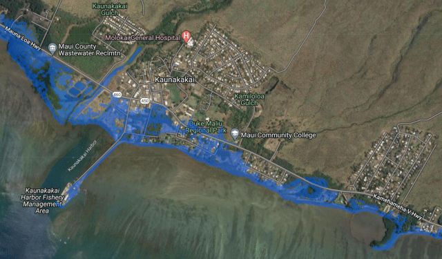 The Hawaii sea level rise viewer, developed by the Pacific Islands Ocean Observing System, shows the south shore of Molokai where Bridget Mowat and other Native Hawaiian homesteaders live under water with 3 feet of sea level rise.