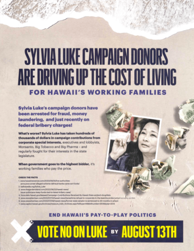 detail of a mailer attacking Sylvia Luke August 2022 from Be Change Now