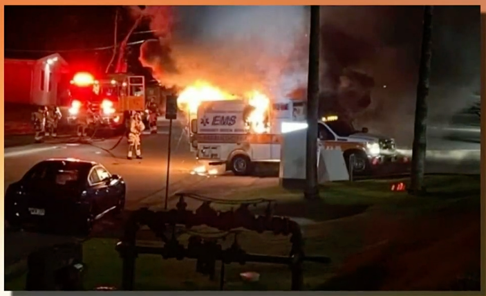 An ambulance went up in flames outside Adventist Health Castle in Kailua on Aug. 24.
