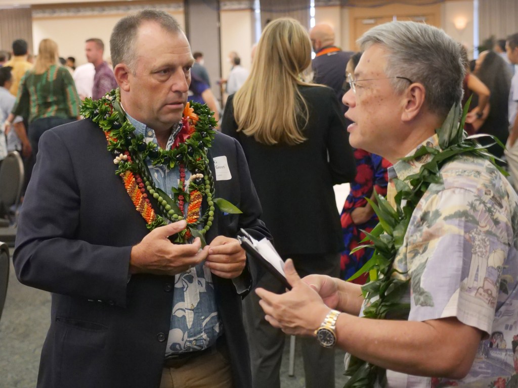 Democratic Party Chair Dennis Jung and Lt. Gov Josh Green talking at the Democratic Party of Hawaii Unity Breakfast on August 14, 2022. CivilBeat Photos Ronen Zilberman.