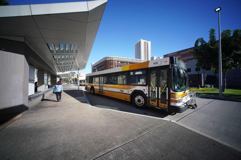 A bus leaves the Alapai Transit Center.