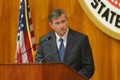 Honolulu City Council chair person Tommy Waters listens to testimony during floor session at Honolulu Hale.