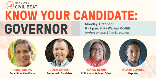 Event Graphic for KNOW YOUR CANDIDATE Governor with green and aiona
