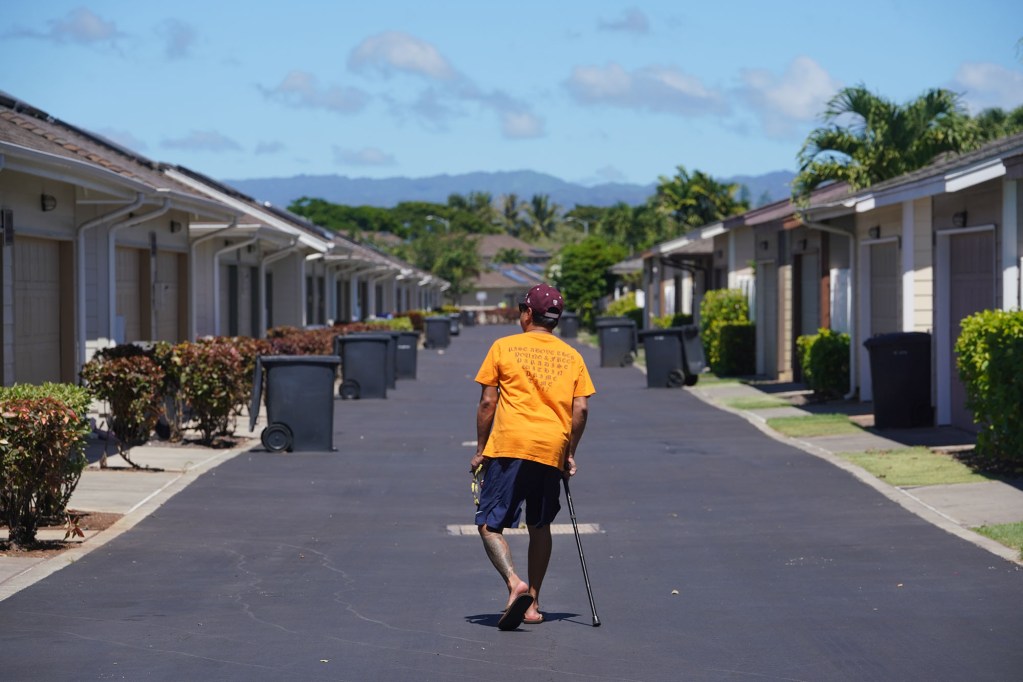 View of Keoneula Boulevard homes and the dark gray trash bins down a driveway that runs parallel with the boulevard.