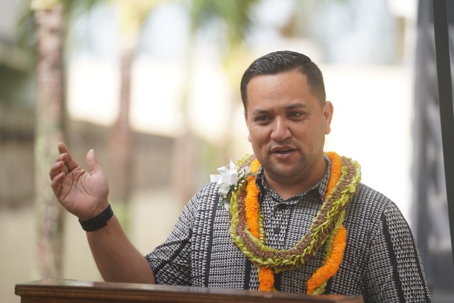 Kuhio Lewis President and CEO of Council for Native Hawaiian Advancement speaks at the blessing of Hale Manako in Wahiawa.
