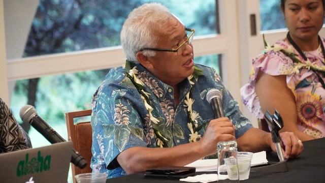 Gerald Zackios, ambassador at the Washington, D.C. Marshall Islands embassy, speaks about the Marshallese diaspora in the U.S. at the 2022 Pacific Islands Conference of Leaders in Honolulu.