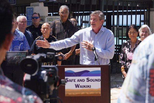 Honolulu City Council chair Tommy Waters speaks during the Safe and Sound Waikiki press conference.