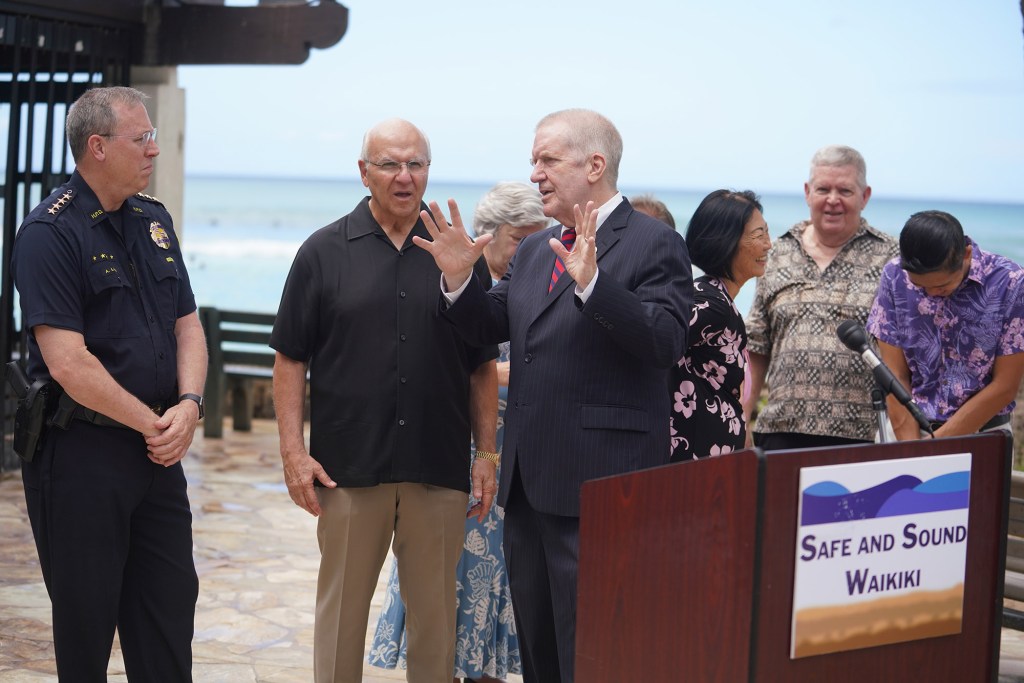 Prosecutor Steve Alm, HPD Chief Logan and Mayor Rick Blangiardi speak before the Safe and Sound Waikiki press conference.
