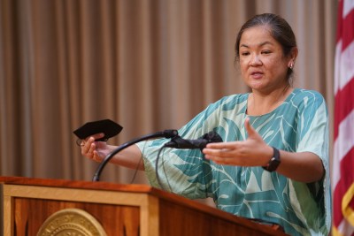 Dr. Reni Soon OB/GYN speaks during Governor Ige's press conference issues Executive order protecting access to reproductive health care services in Hawaii.