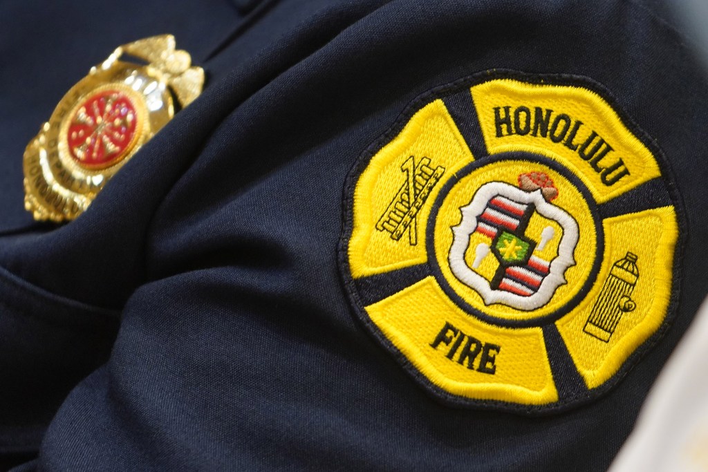 Honolulu Fire Department patch during a gathering of fire chiefs at Governor David Ige's Governor David Y. Ige held a ceremony today with fire chiefs from across the islands, issuing a proclamation designating October 9-15, 2022, as Fire Prevention Week in the State of Hawaii. Governor Ige was joined by the State Fire Council. Led by the four county Fire Chiefs, the State Fire Council advises the Governor and Legislature on fire prevention and protection.