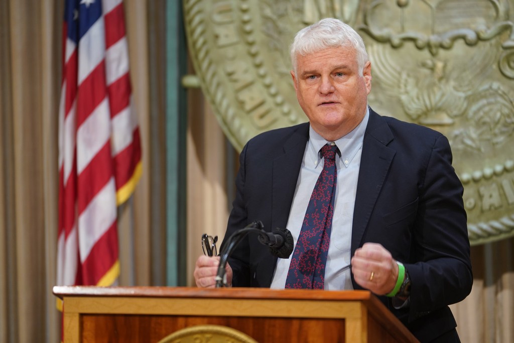 Supreme Court Chief Justice Mark Recktenwald shares some stories about Chief Justice Moon while gesturing after Governor David Ige proclaims October 2022 as Civics Awareness Month.