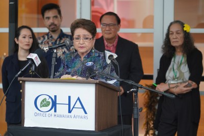 OHA Office of Hawaiian Affairs Chair Carmen Hulu Lindsey speaks to media about results from a recent forensic audit.
