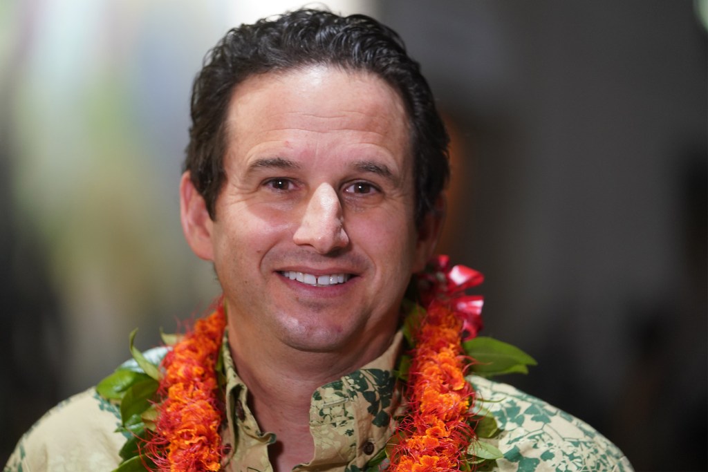 Senator Brian Schatz speaks to media at the Hawaii Convention Center.
