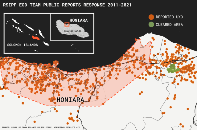 A map of Honiara shows the sheer breadth of contamination with in the city, by isolating areas where the public reported sightings of unexploded bombs.