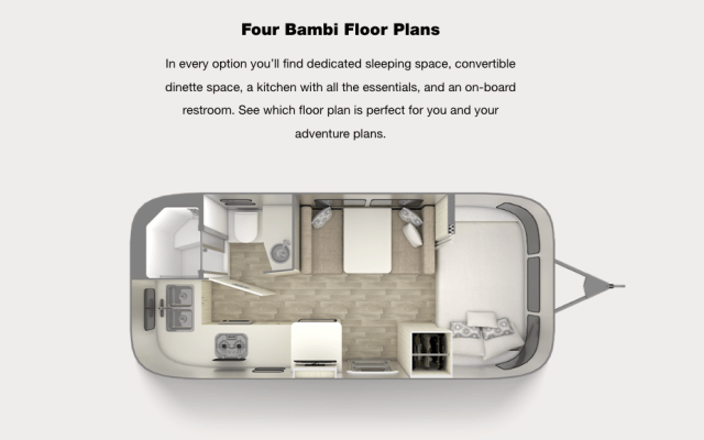 The floor plan for the Airstream Bambi.