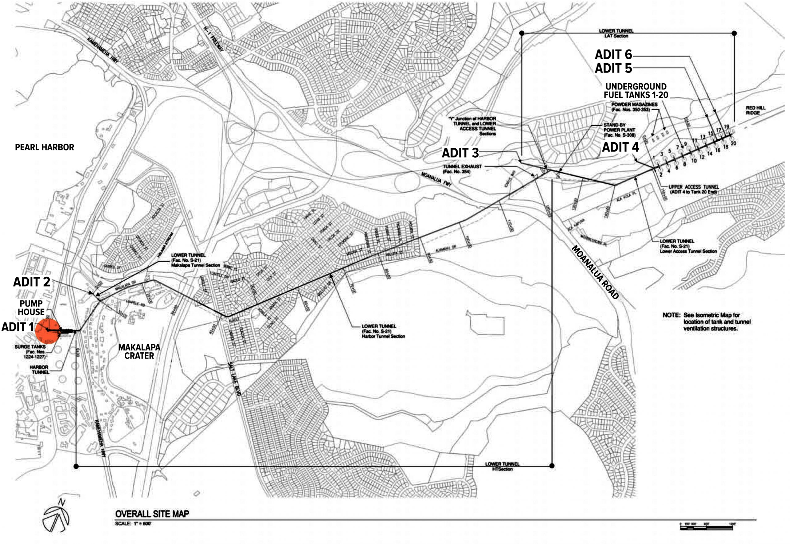 Red Hill map showing tanks and adits 1 through 6 (Source: Historical American Engineering Record, Library of Congress. Text amplified and red highlight added by Civil Beat)
