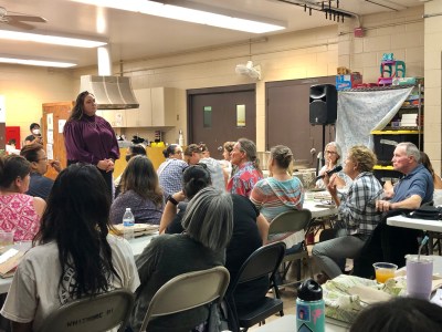 North Shore resident Rex Dubiel asks Fern Anuenue Holland a question at a community meeting about Oahu pesticide contamination held by Hawaii Alliance for Progressive Action on Jan. 19, 2023.