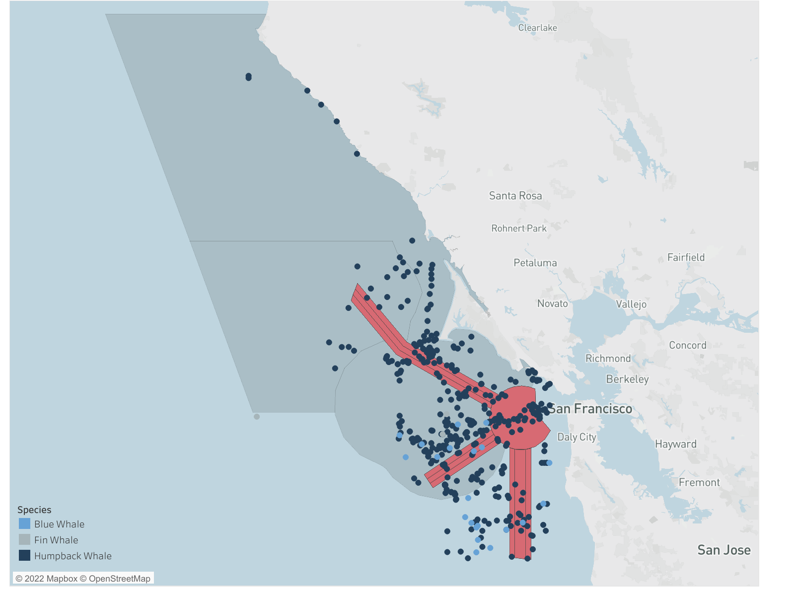 Maps of the shippings lanes and whale sightings.