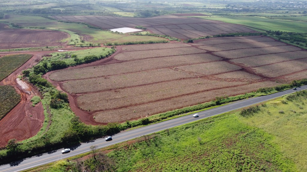 An overhead view of a swathe of land in Wahiawa next to a road shows the parcels of agricutlural lands that will be sold as part of the Peter Savio project to make land affordable for farmers.