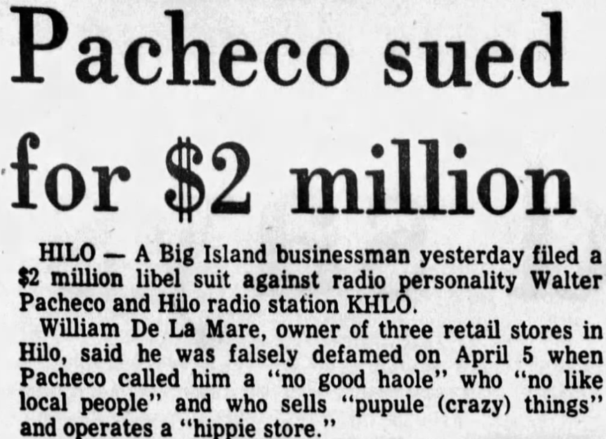 Newspaper account of William De La Mare's lawsuit against Walter Pacheco
