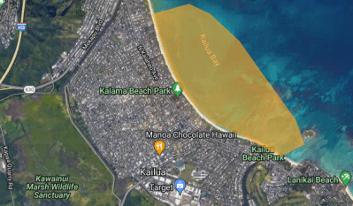 This state map shows the affected area of Kailua Bay that had high bacteria levels linked to the nearby wastewater treatment facility. (Courtesy: Hawaii Department of Health/2023)