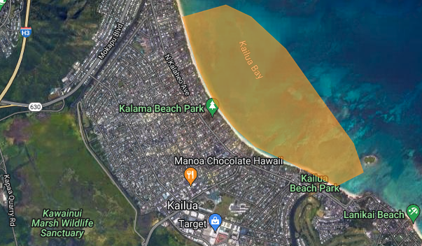 This state map shows the affected area of Kailua Bay that had high bacteria levels linked to the nearby wastewater treatment facility. (Courtesy: Hawaii Department of Health/2023)