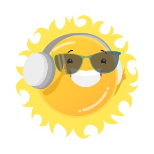 Hand drawn funny sun icon vector illustration over white background. Happy smiling yellow sun in headphones and sunglasses listening to music